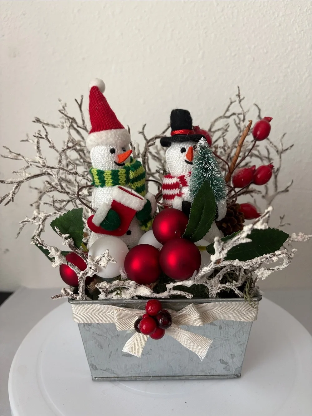 Festive Red & White Snowman Holiday Centerpiece